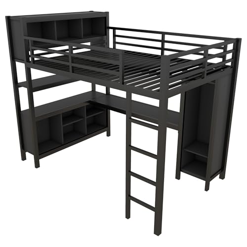 Harper & Bright Designs Full Loft Bed with Desk, Metal Loft Beds with Storage Shelves, Desk, and Wardrobe, Heavy-Duty Loft Bed Frame for Kids, Teens