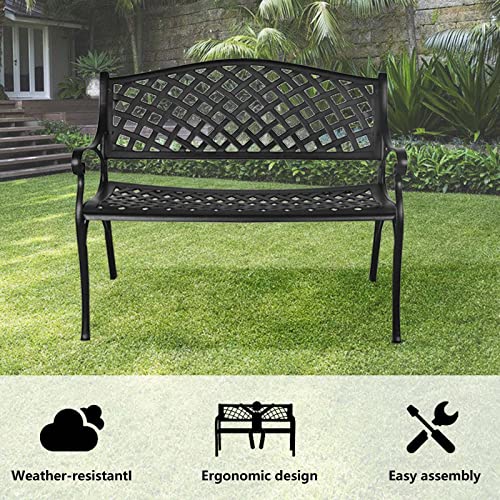 Outdoor Patio Garden Bench All-Weather Cast Aluminum Loveseats Park Yard Furniture Porch Chair Work Entryway Decor w/Checkered Design (Black)
