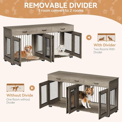 Dog Crate Furniture for 2 Dogs, 71'' XXL Indoor Dog Kennel with 3 Drawers and Removable Room Divider