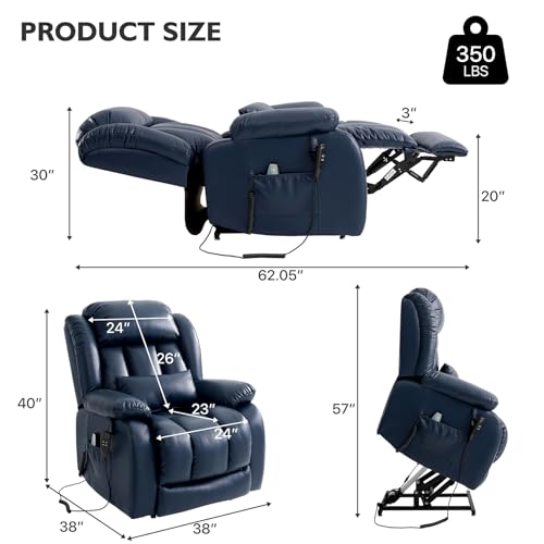 EDILLY Large Genuine Leather Power Lift Recliner Chairs for Elderly, Dual Motor with Massage and Heating,Double Lumbar Cushion and Extended Footrest