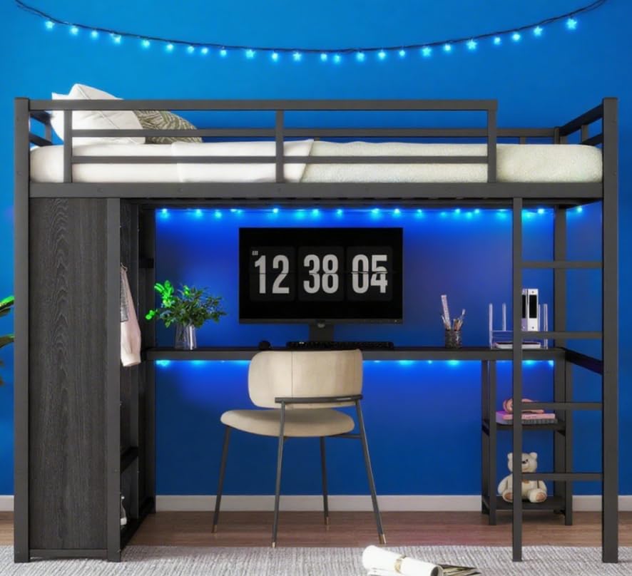 Bellemave Queen Size loft Bed with L Desk, Wardrobe, Metal Queen Loft Bed Frame for Adults, Kids, Teens, Black
