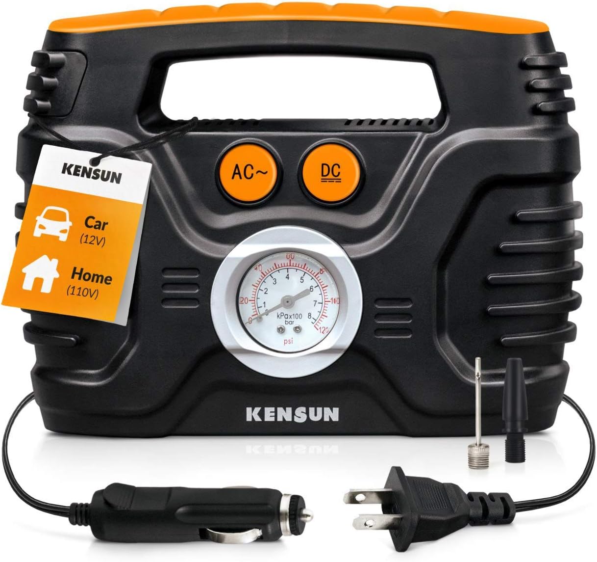 Portable air Compressor Electric tire Pump with Analogue Pressure Gauge for Home (110v) and Car (12v), with Additional adapters for Cars, Trucks