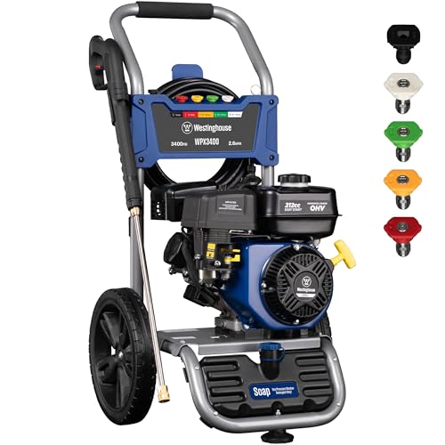 Westinghouse WPX3400 Gas Pressure Washer, 3400 PSI and 2.6 Max GPM, Onboard Soap Tank, Spray Gun and Wand, 5 Nozzle Set
