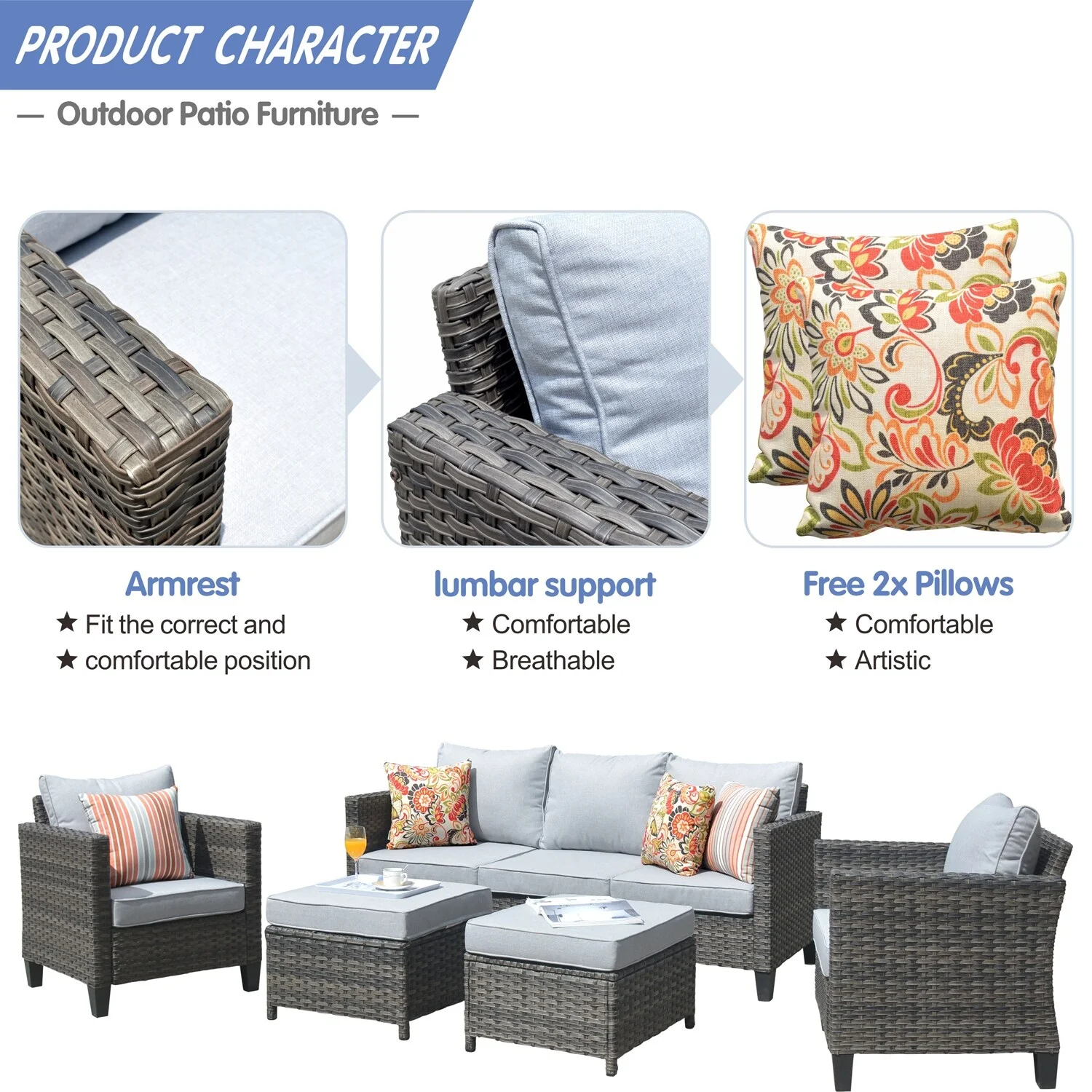 OVIOS  5-piece Patio Furniture Wicker Outdoor High-back Seating Set Grey/Black frame