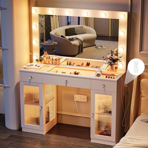Vanity Desk with Large Mirror and Lights, Glass Top Makeup Vanity with Lights & Power Outlet for Bedroom, 3 Color Lighting Modes