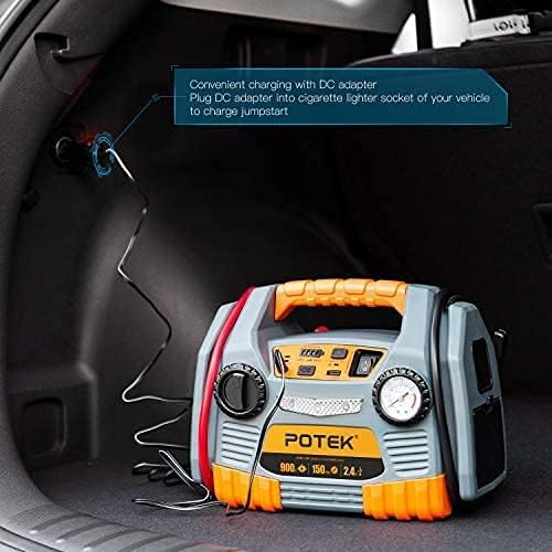 POTEK Jump Starter 900 Peak Amps Power Station with 150 PSI Air compressor with 2.4A USB Port