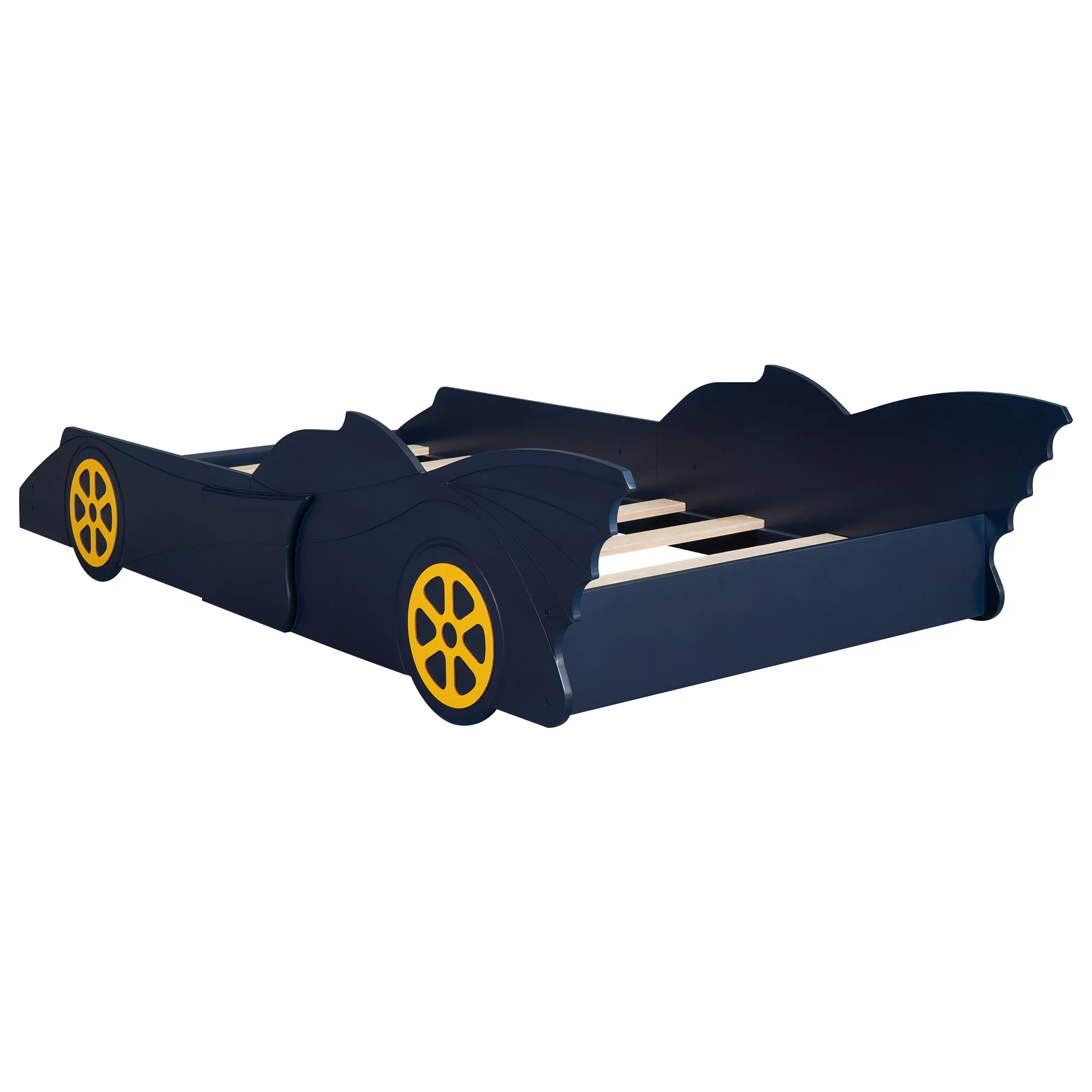 iRerts Race Car Shaped Twin Bed Frame, Wood Twin Platform Bed Frame for Kids Toddlers, Children Twin Size Platform Bed with Wheels, Wooden Slats