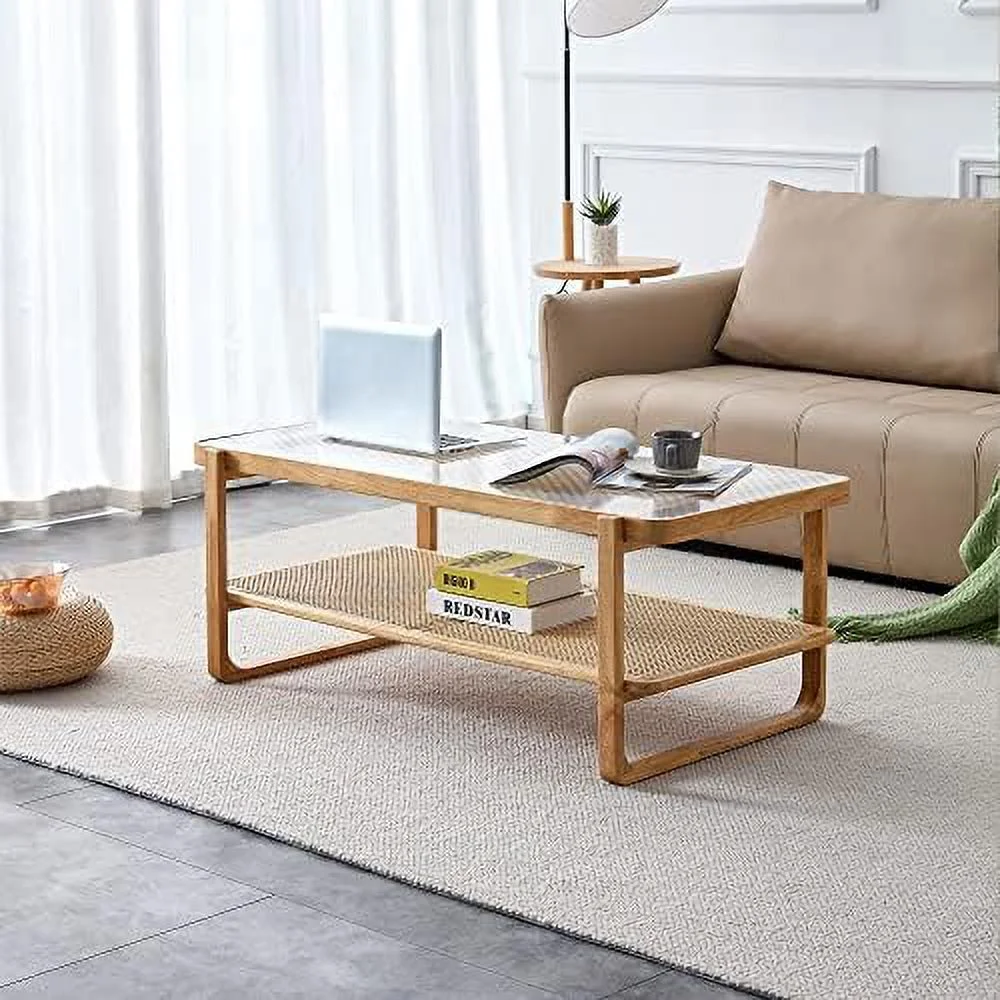 NLIBOOMLife Rattan Coffee Table Rustic Style Wooden Coffee Table Rectangular Wood Coffee Table for Living Room Glass Top Coffee Table with Imitation