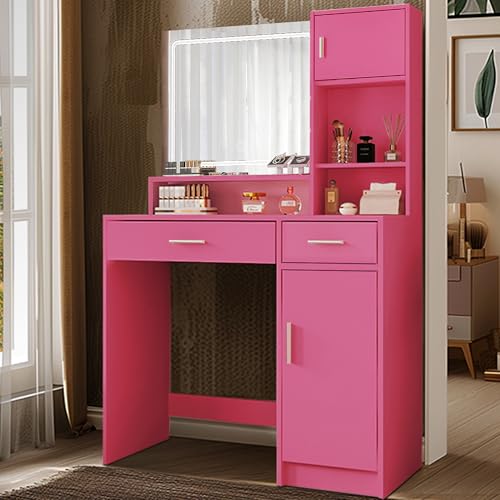 Vanity Desk with Mirror and Light, Large Drawer and Three Level Storage Dresser, 3 Lighting Modes Adjustable Brightness