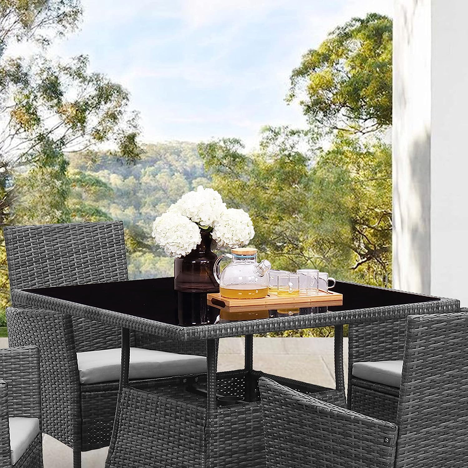 CozyHom 5 Pcs Outdoor Patio Wicker Furniture Dining Table Sets, Sectional Conversation Glass Dining Table Chairs Set for 4 with Umbrella Hole, Grey