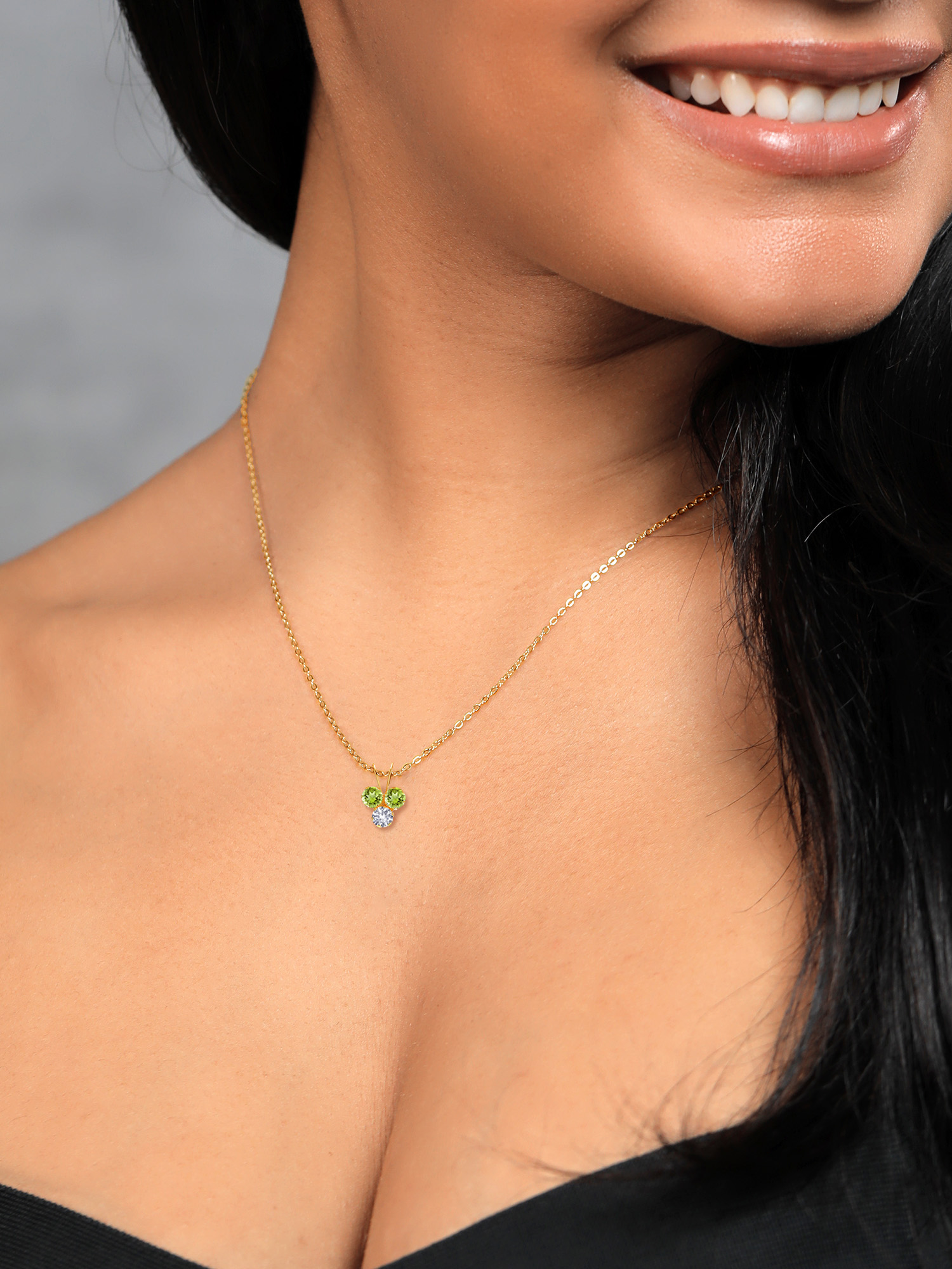 Gem Stone King 14K Yellow Gold Green Peridot and White Created Sapphire 3-Stone Pendant Necklace For Women (0.37 Cttw, Gemstone August Birthstone