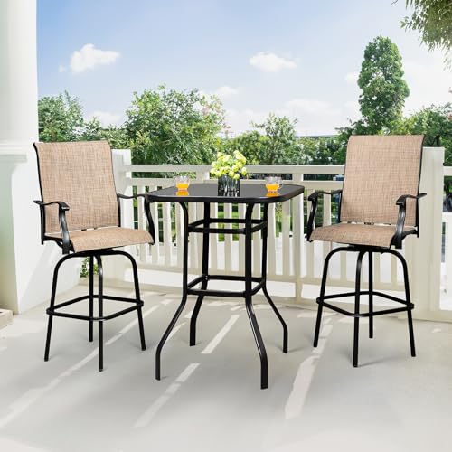 VINGLI Upgraded 3PCS Swivel Outdoor Bar Set Patio Bar Set Outdoor Bistro Set, 2 Swivel Bar Stools and Bar Table for Yard