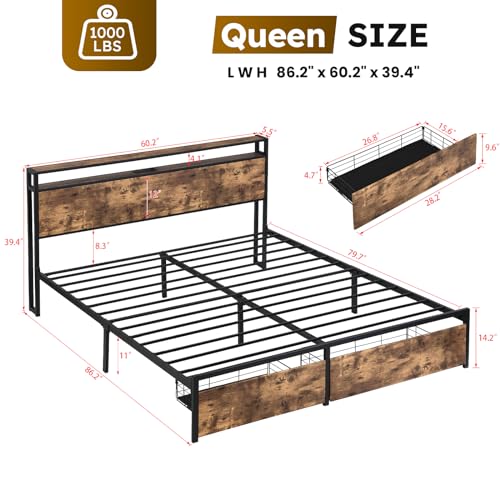 Full Size Bed Frame with Headboard, LED Platform Bed Frames with 4 Storage Drawers, Built in Charging Station, Noise Free, Stable and Solid
