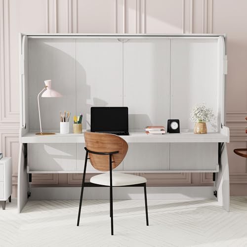 SOFTSEA Full Size Murphy Bed with Desk, Horizontal Wall Bed with Storage Shelves