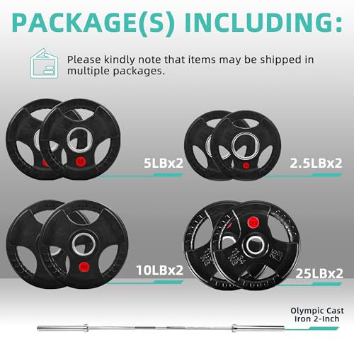 Olympic Cast Iron 2-Inch Weight Plates Including 5FT Olympic Barbell Bar & Safely Locks, 100 Pounds Set (85 lbs Plates + 15 lbs Barbell Bar)