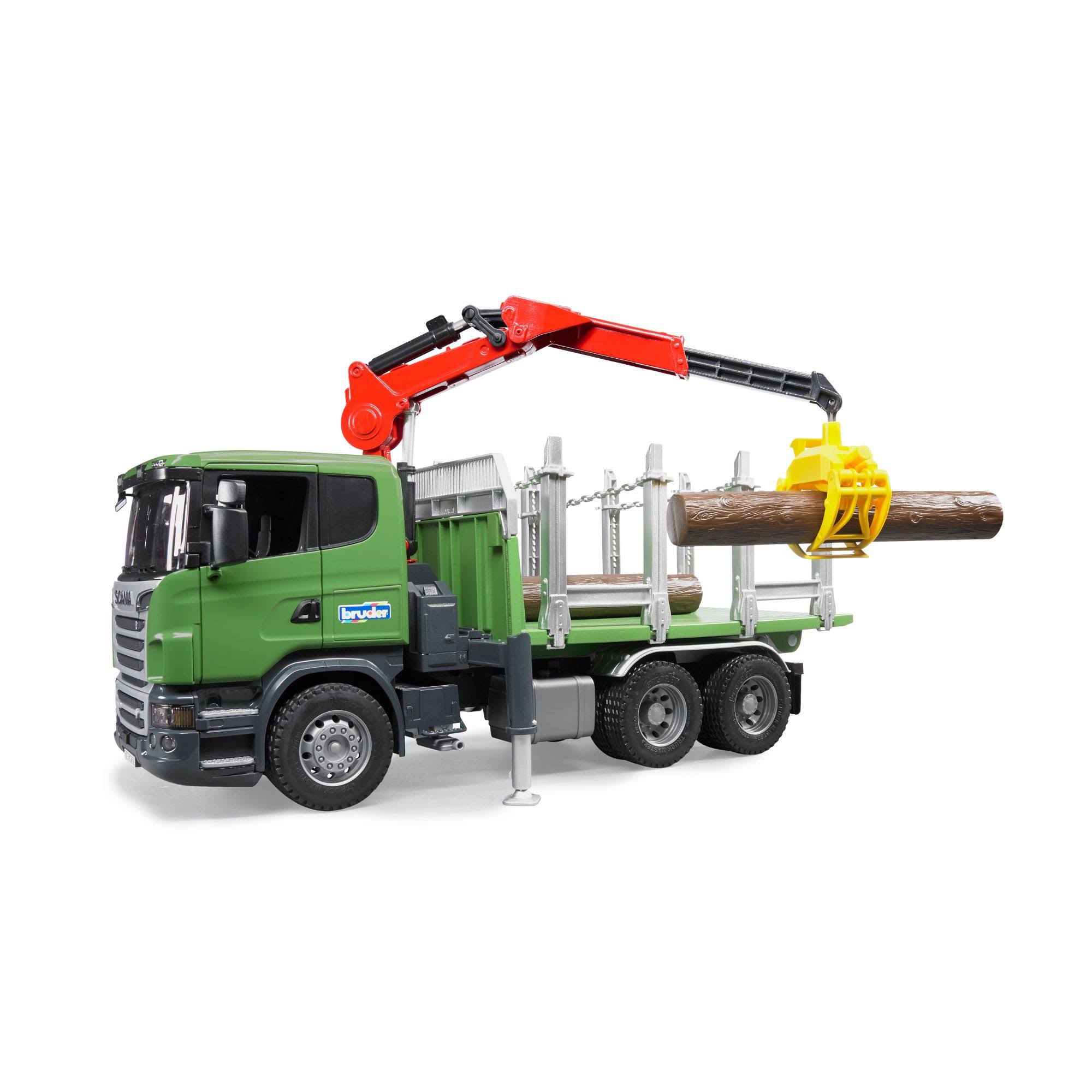 Bruder Scania R-Series Timber Truck with Loading Crane and 3 Trunks