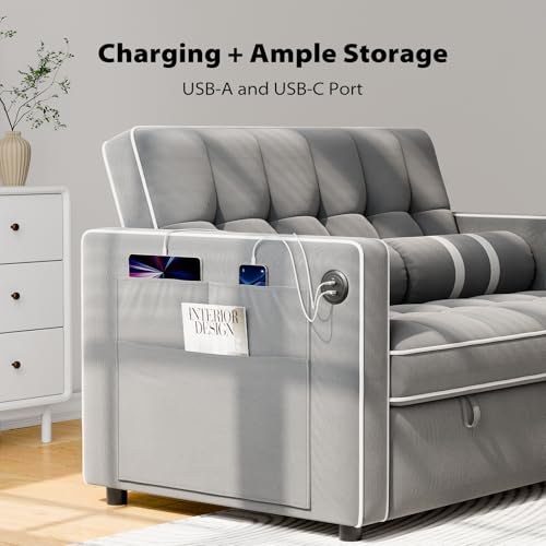 Pipishell 3 in 1 Convertible Sleeper Sofa Bed,Pull Out Couch for Living Room with USB Ports & Side Pockets,Adjustable Backrest,Velvet