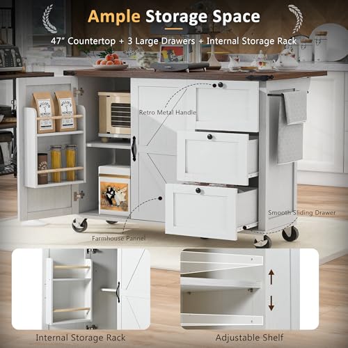 Amposei Farmhouse Rolling Kitchen Cart Island with Power Outlet & Drop Leaf, Wooden Mobile Storage Island on Wheels with Drawers, Spice Rack