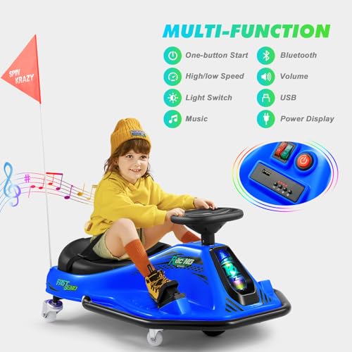 360 Degrees Rotating Ride On Drift Car and 2 Replacement Universal Wheels, 24V Electric Drifting Go Kart for Kids W/Brushless Motor, High/Low Speed