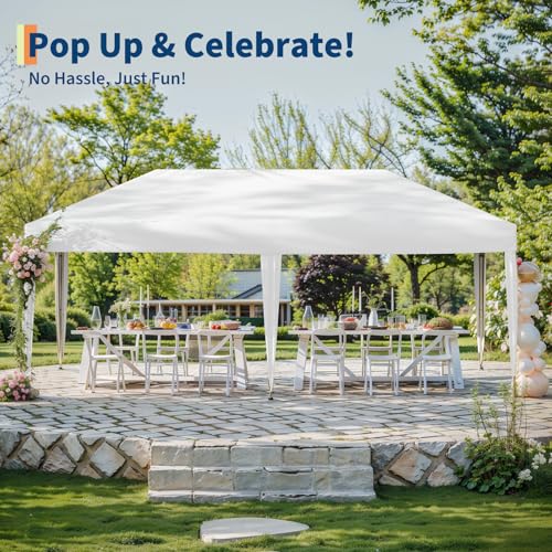 10x20 Pop Up Canopy - Easy Up Camping Tent with One Roller Bag, 3 Adjustable Height, 4 Weight Bags for Deck, Garden, Sports, Beach, Party - White
