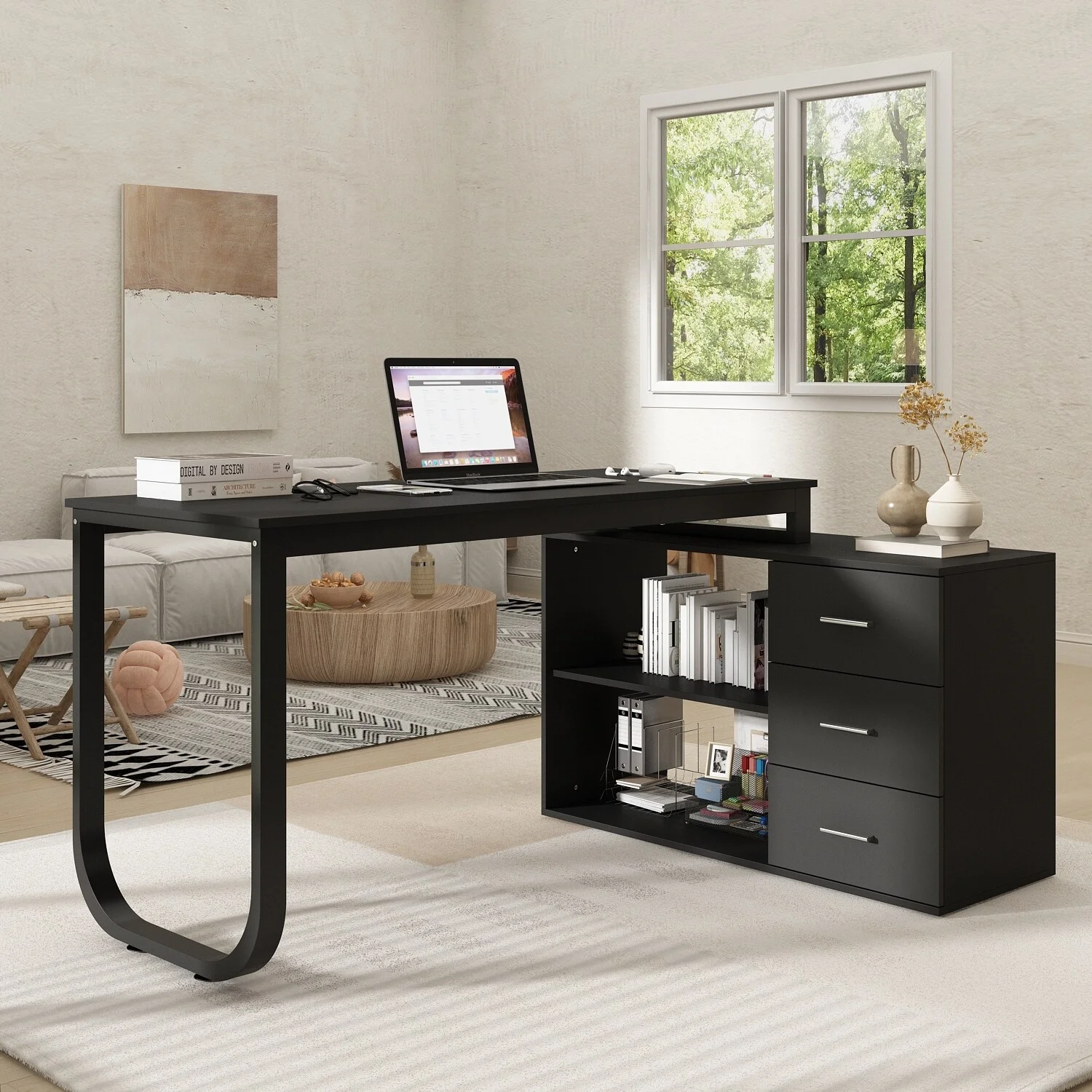 FUFU&GAGA L-shaped executive desk With 3 Drawers for Home and Office Black