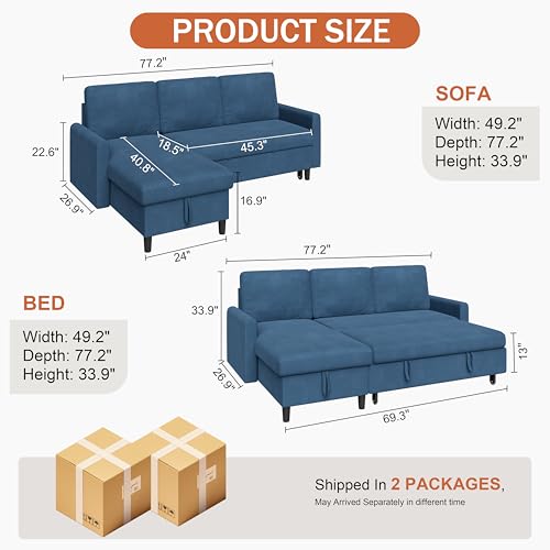 Vongrasig Convertible Sleeper Sofa, Pull Out Couch with Storage, 77" L-Shaped Sofa Bed with Storage Chaise Corduroy Fabric for Living Room, Apartment