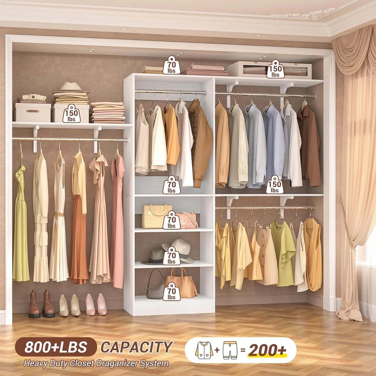 Homieasy 96'' Closet System, 8FT Walk In Closet Organizer with 3 Shelving Towers, Heavy Duty Bedroom Wardrobe with 5 Shelves