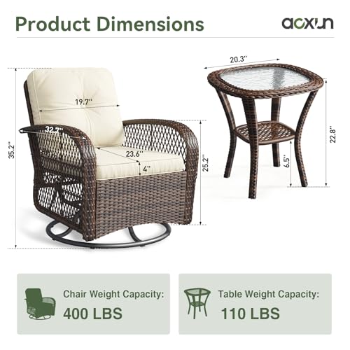 Aoxun 3 Pieces Patio Furniture Set, Patio Swivel Rocker Chairs Set of 2, Wicker Outdoor Bistro Set with Rocking Chair