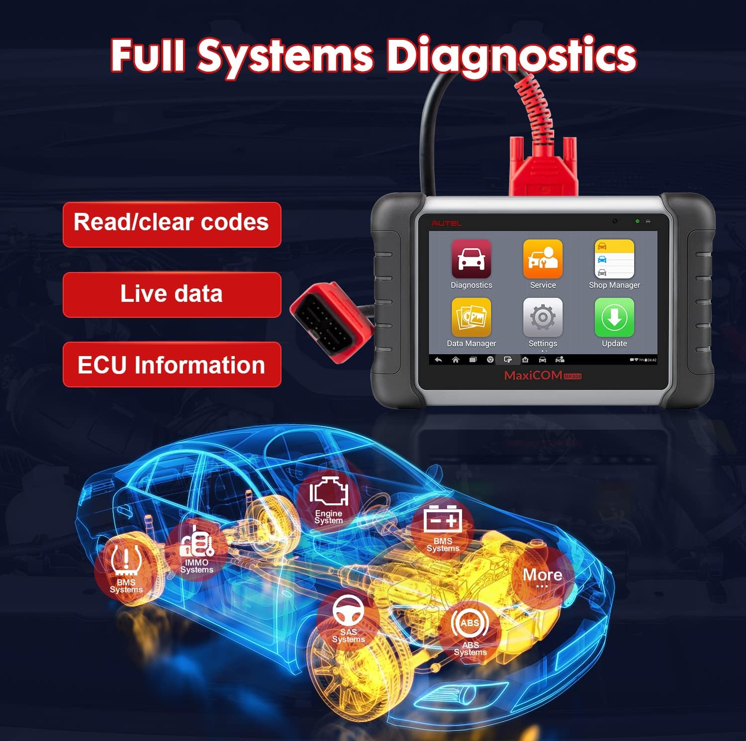 Autel MaxiCOM MK808, 2022 Upgrade Ver. of MaxiCheck MX808 Car Diagnostic Scanner, 28+ Services, All System Diagnostic Scan Tool with ABS Auto Bleed