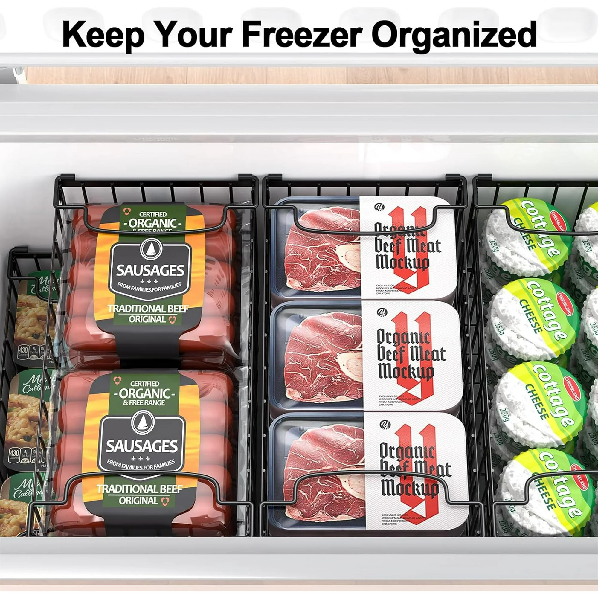 Organizer Bins, 4 Pack Stackable Deep Chest Freezer Organizer Bins, Foldable Baskets with Handles