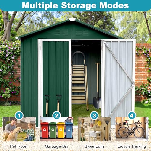 8x6 FT Outdoor Storage Shed, Metal Tool Shed with Lockable Doors, Peaked Roof & Frame Floor