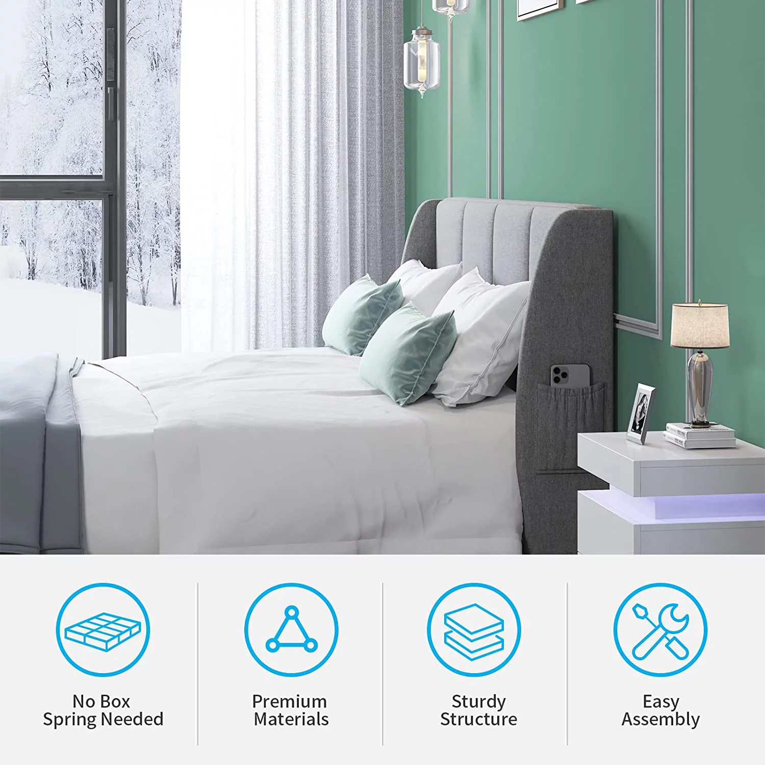 Mjkone King Platform Bed Frame with Wooden Slat Support, King Bed Frame and Headboard, King Size Bed Use Linen Upholstery