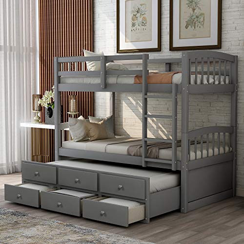 Ball & Cast Full Over Full Bunk Bed with Twin Size Trundle and Built in 4 Drawer,Wood Bunkbed w/Storage Ladder & Slat Support