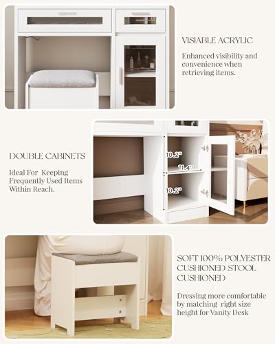 Vanity Desk with Mirror and Lights, Makeup Vanity with Drawer & Storage Shelves, Cabinet, 3 Lighting Modes Adjustable Brightness