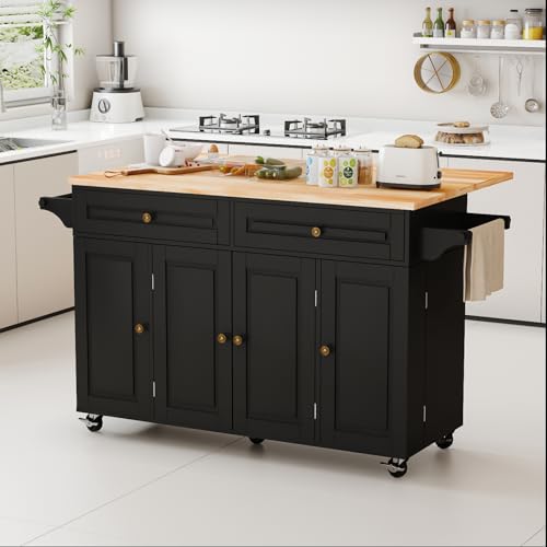 67’’ Movable Kitchen Island with Drop Leaf and Power Outlet, Lockable Sliding Countertop Rolling Island Cart with 2 Large Drawers, Spice, Towel Rack