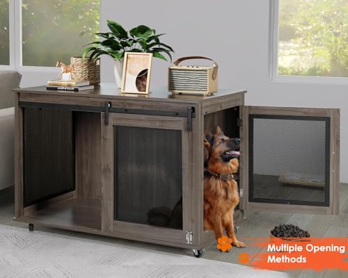 LINLUX 47 Inch XL Dog Crate Furniture, Wooden Heavy Duty Dog Kennel Indoor, Decorative Dog Cage Table for Extra Large Dogs, with Sliding Doors