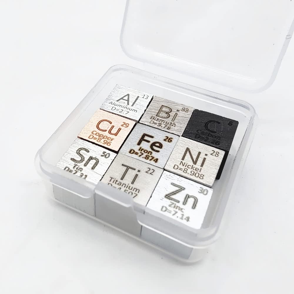 9 PCS Element Cube Set 10mm Density Cubes Up to 99.99% Pure Daily Metal Cubest Titanium Bismuth Carbon Nickel Iron Copper Zinc Aluminium Tin for