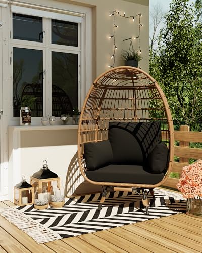 Oversize 360°Swivel Egg Chair Patio Rotating Rattan Egg Basket Lounge Chair, Wicker Egg-Shaped Chair w/Steel Frame Stand and 4 Cushions for Patio