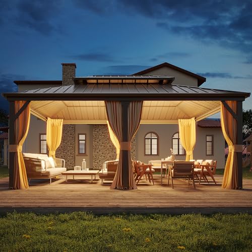 YOLENY 10' x 12' Hardtop Gazebo, Metal Gazebo with Aluminum Frame, Double Galvanized Steel Roof, Curtains and Netting Included