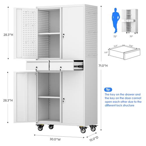 Garage Storage Cabinet with Wheels & Pegboard, 72" H Locking Metal Storage Cabinet with Doors and 4 Adjustable Shelves for Garage Workshop Home