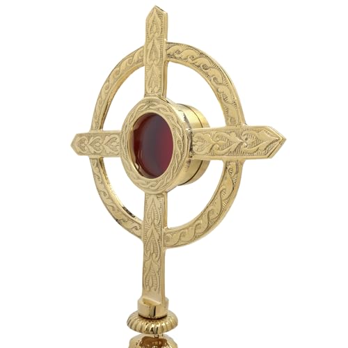 Needzo Brass Embossed Celtic Cross Reliquary, Sacred Storage Vessel, Catholic Church Decor, 13 x 8.75 Inches