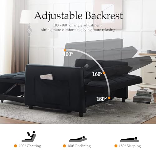 Modern 3 in 1 Convertible Sleeper Sofa Couch Bed with USB, Adjustable Backrest Velvet Pull Out Sofa Bed, Loveseat Sleeper Couch