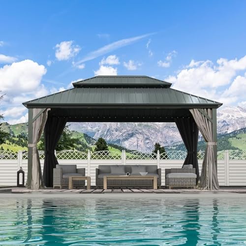 Domi 10’ x 10’ Hardtop Gazebo Metal Frame Canopy with Netting & Curtains