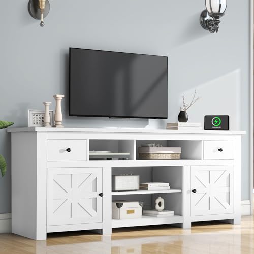 DWVO Farmhouse TV Stand, Entertainment Center with Power Outlet for TVs Up to 80 Inch, TV Console with Movable Partition & Storage Drawer