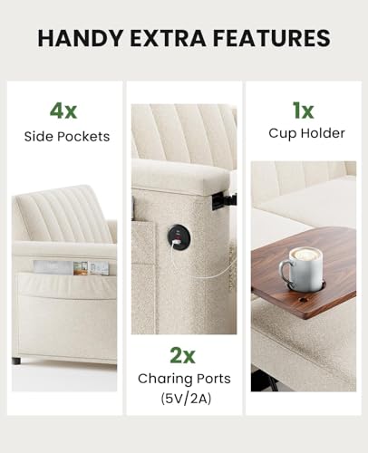 Marsail Sofa Bed, 3-in-1 Convertible Sleeper Sofa, Futon Couch with USB Charging, Side Pockets & Adjustable Backrest, Pull Out Couch for Living Room