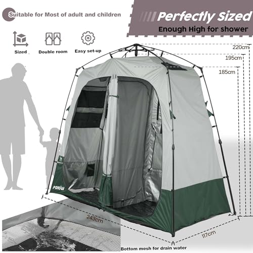 Camping Shower Tent Deluxe Changing Room Easy Set Up Privacy Shelter,Large Toilet Tent 2 Rooms with Floor Drain Design for Beach, Camping