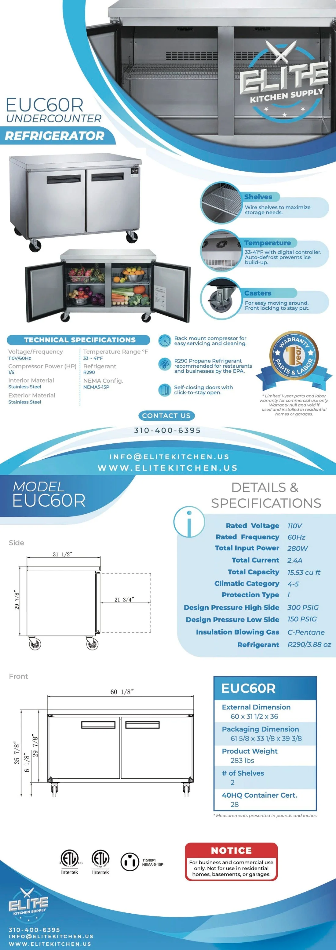 60 in. Two Door Commercial Upright Undercounter/Worktop Refrigerator 15.53 cu. ft.