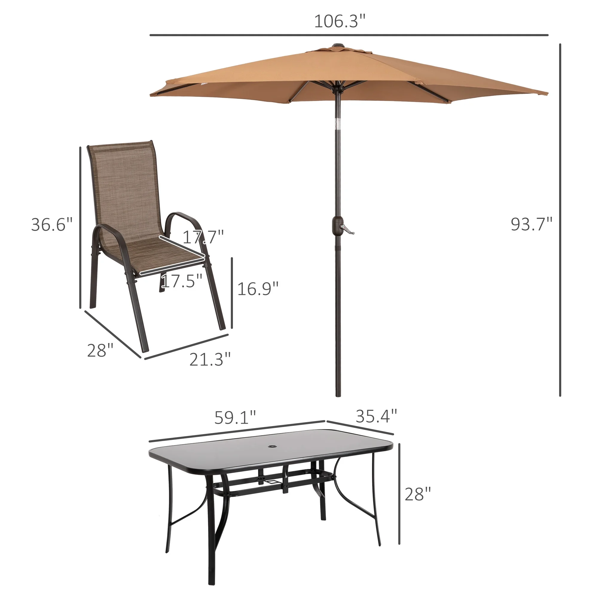 Outsunny Patio Dining Set for Six, Table & Chairs w/ Umbrella, Mixed Brown