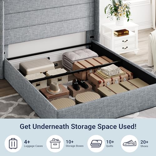 Allewie Full Size Lift Up Storage Bed, Modern Wingback Headboard, Hydraulic Support, No Box Spring Needed, Light Beige