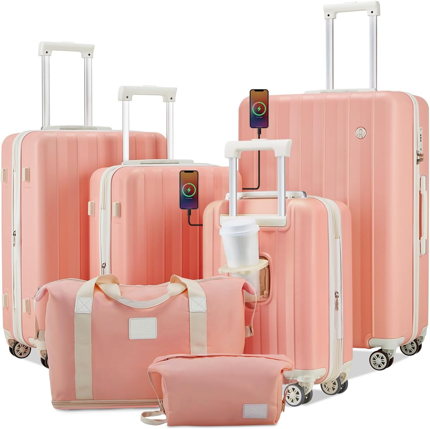 imiomo Luggage Sets 4 Piece Expandable Luggage Set with 2 toiletry bags , Hardside Carry on Suitcase with USB Port Cup Holder